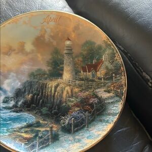 Thomas Kinkade April Lighthouse Plate - Blue, Green, Brown